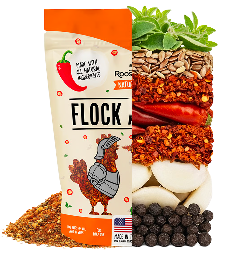 Roosty's Flock Armor pouch on a clean background with chili, garlic and oregano alongside
